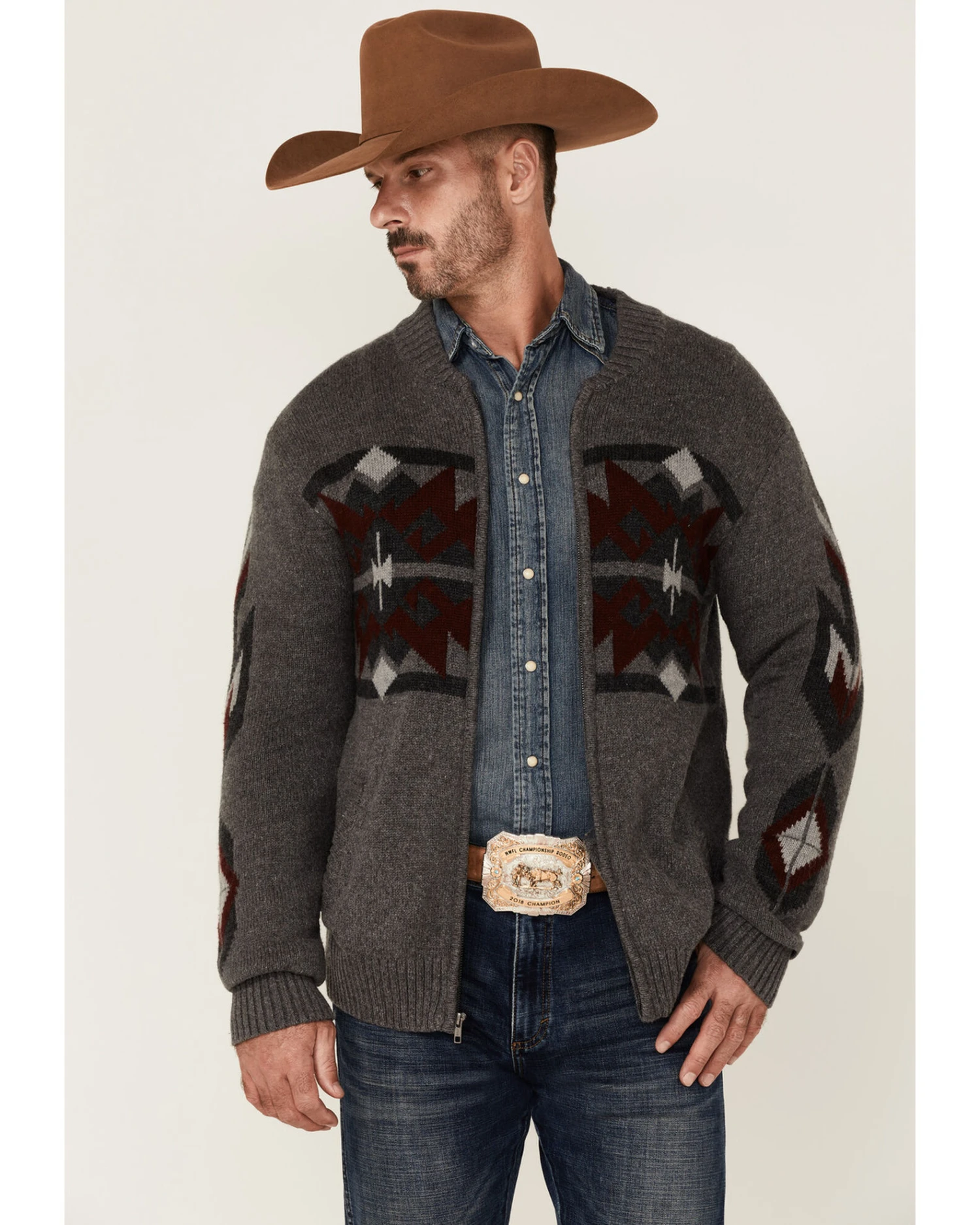 Stetson Men's Gray Southwestern Print Heather Knit Zip-Front Wool Sweater 4 Stetson Men's Gray Southwestern Print Heather Knit Zip-Front Wool Sweater - Image 2