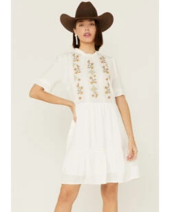 Stetson Women's Embroidered Floral Ruffle Surplice Dress