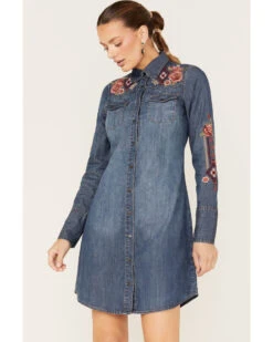 Stetson 41 Stetson Women's Floral Embroidered Medium Wash Denim Long Sleeve Dress