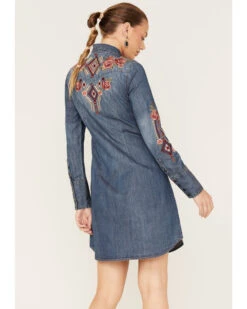 Stetson Women's Floral Embroidered Medium Wash Denim Long Sleeve Dress -Stetson 2000378249 400 P4